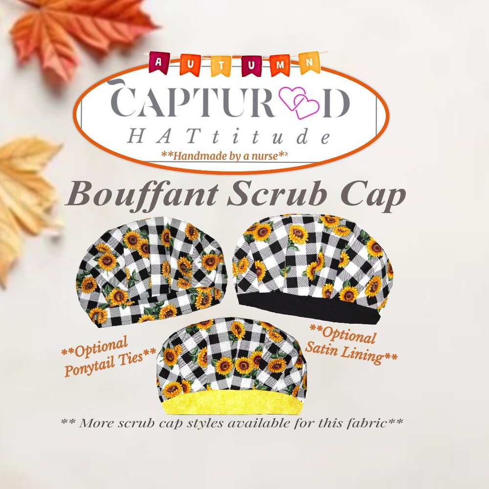 Womens Buffalo Plaid Sunflowers Bouffant Scrub Cap, Handmade NWOT